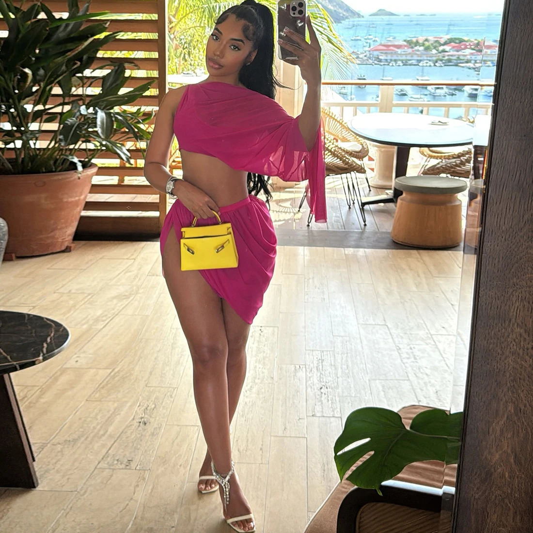 Y2K Sexy 2 Piece Set Women See Through Midnight Irregular Full Sleeve Crop TopsRuched Split Skirts Matching Clubwear 260625 - view 6