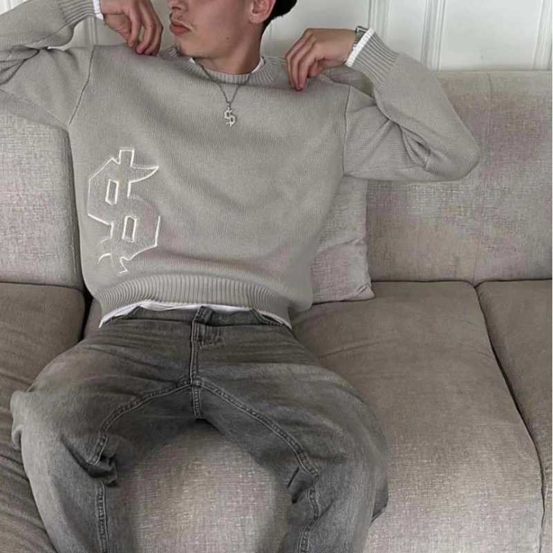 Sweater Men Gray Money Sign Y2k American Dollar Knit Pullover Vintage Classic Streetwear Warm Winter Crewneck Top Casual Fashion X260609 - view 5