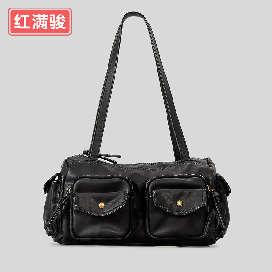 Americanstyle spicy girl multipocket underarm bag for women niche n singleshoulder biker soft leather handbag 240722