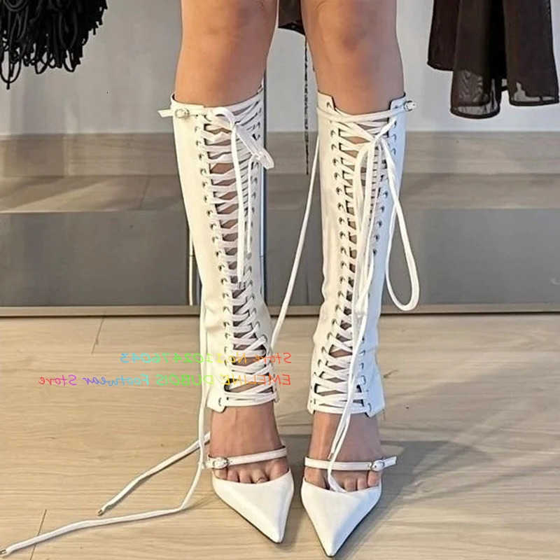Up Toe Lace White Pointed Knee High Boot Women Summer New Sexy Hollow Strap Stiletto Heel Front Cross Tied Sandals H260609