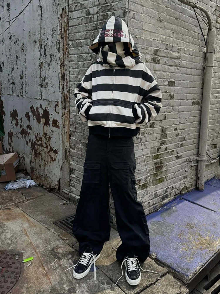 black striped patchwork white and Harajuku embroidered hoodie street y2k high-end basic casual warm pullover sweatshirt with sca X260609 - view 7