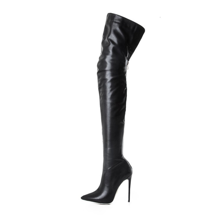 Black Faux Leather Thigh High Boots Pointed Toe Stiletto Heel Slim Fit Over The Knee Boots Nightclub Party Women Footwear - view 6