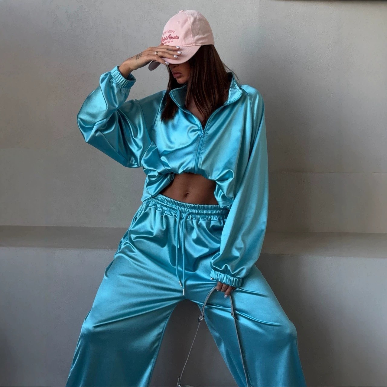 2026 New Womens Lake Blue Satin Sports Suit Loose Oversize Short Top 241108
