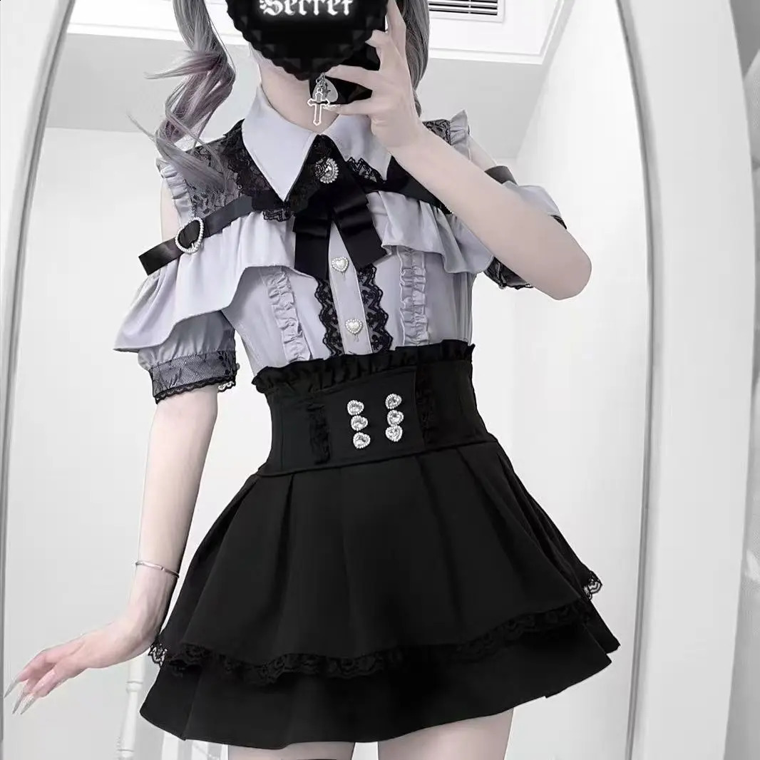 Dark Sweet Heart Ground Type Lolita Set Ruffle Sleeve Top Aline Skirt Cute Kawaii Japanese Style Gothic Coord Outfit SXL 260625 - view 6