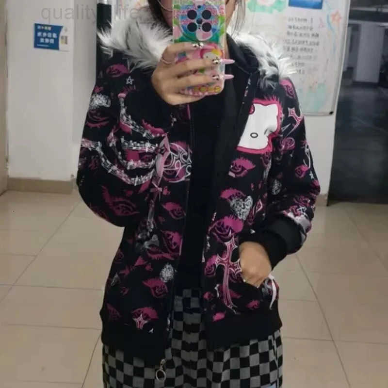 Hooded Hello Kittys Zipper Jacket American Y2K Women Graphic Hoodies with Fur Collar Fashion Girls High Street Tops Streetwear X260609 - view 5
