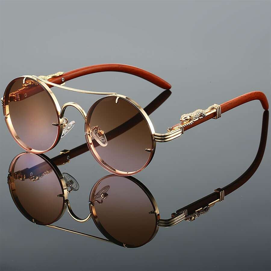 Fashion High-Grade Designer Sunglasses New style retro double-barrel metal round leopard-head decorated sunglasses for men - driving sun protection