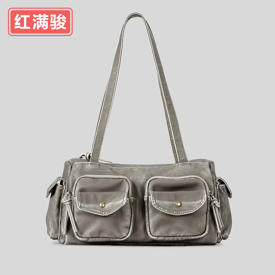 Americanstyle spicy girl multipocket underarm bag for women niche n singleshoulder biker soft leather handbag 240722