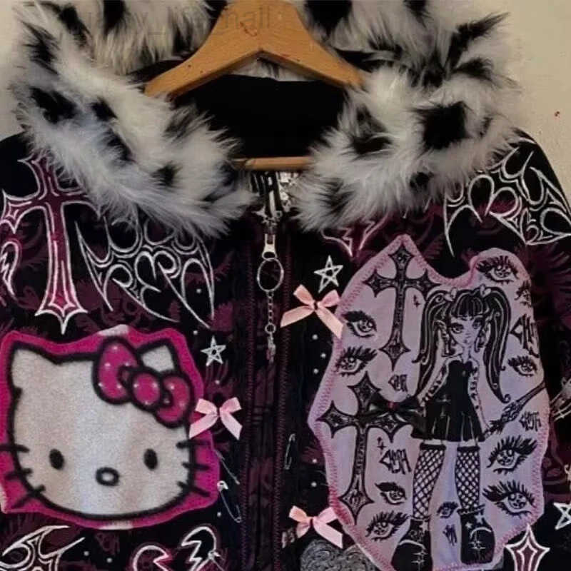 Hooded Hello Kittys Zipper Jacket American Y2K Women Graphic Hoodies with Fur Collar Fashion Girls High Street Tops Streetwear X260609 - view 6