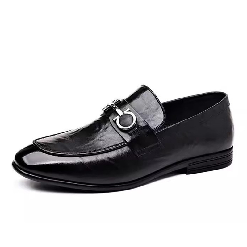 Men's Black Leather Loafers With Metal Horsebit Buckle Slip-on Formal Dress Shoes For Business big size - view 6