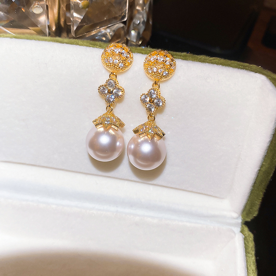 18k real gold plated silver needle lucky flower pearl pendant French vintage style earrings, simple and fashionable ear accessories - view 9