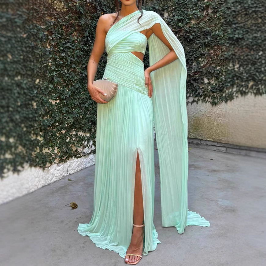 Womens Fashion Sleeveless Pleated Dress with Ribbon Split Slim Fit 241015