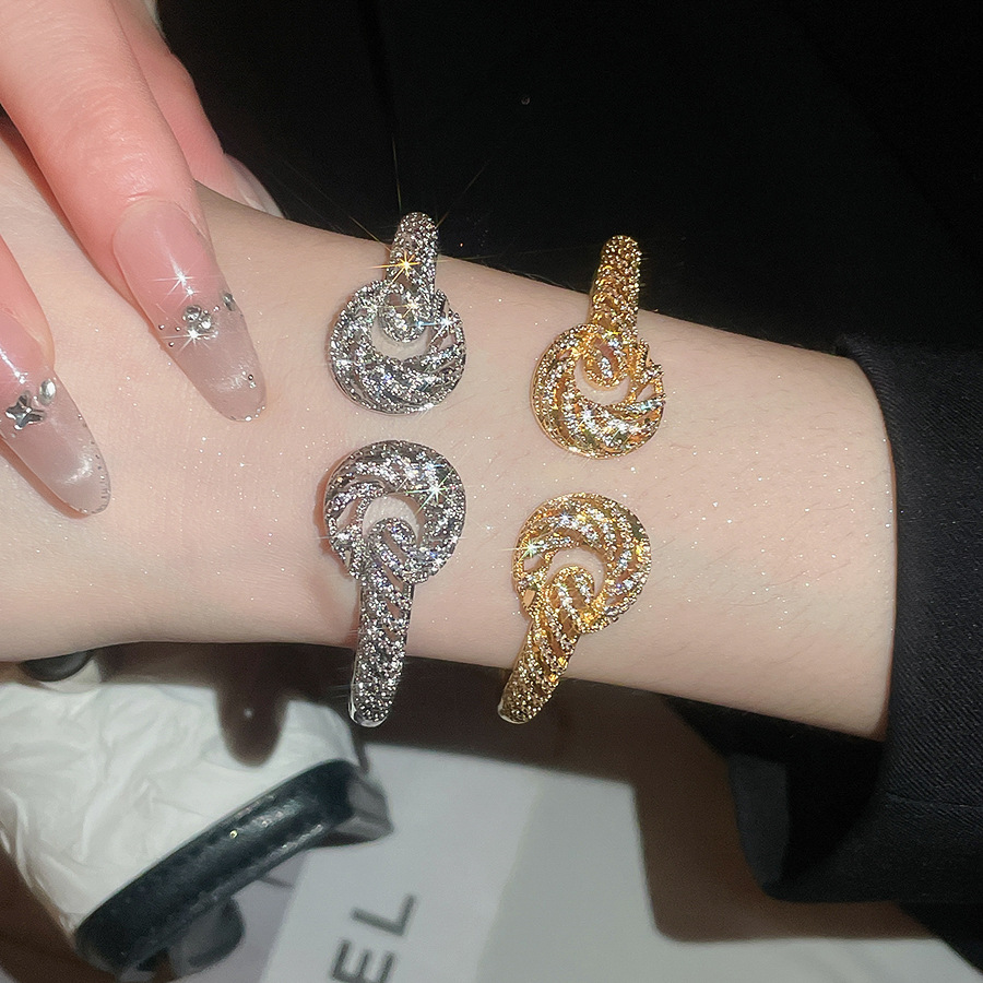 18K real gold plated zircon twisted texture open bracelet and ring set, elegant palace-style exquisite jewelry for women - view 7
