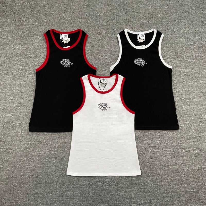 Y2K Street Embroidery Letter Color blocked Waffle Tank Top Summer Men's and Women's Sports Fitness Sleeveless T-shirt