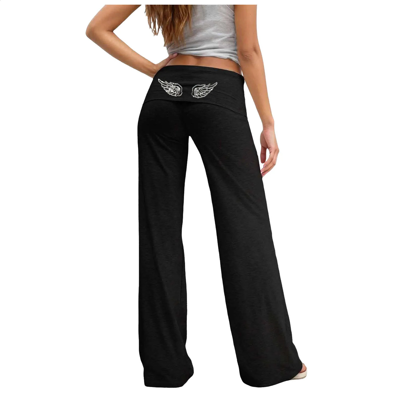 Womens Angel Wing Embroidered Wide Leg Pants Low Rise Fold Over Waist Loose Fit Sweatpants Y2k Solid Straight Leg Trousers 260608 - view 4