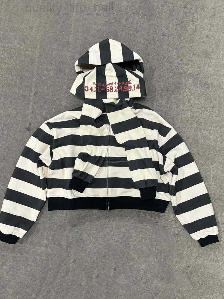 black striped patchwork white and Harajuku embroidered hoodie street y2k high-end basic casual warm pullover sweatshirt with sca X260609 - view 6