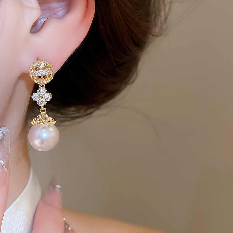 18k real gold plated silver needle lucky flower pearl pendant French vintage style earrings, simple and fashionable ear accessories - view 5
