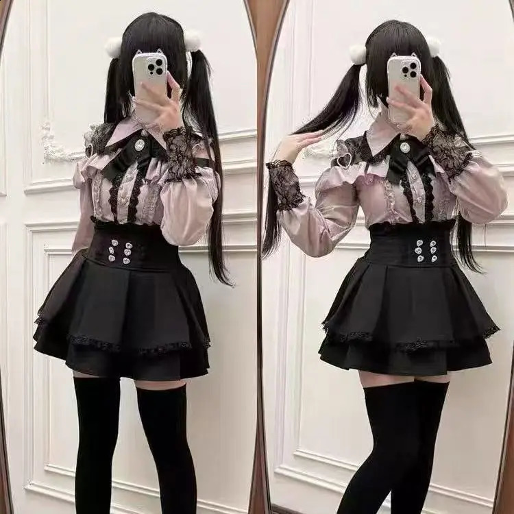 Dark Sweet Heart Ground Type Lolita Set Ruffle Sleeve Top Aline Skirt Cute Kawaii Japanese Style Gothic Coord Outfit SXL 260625 - view 3