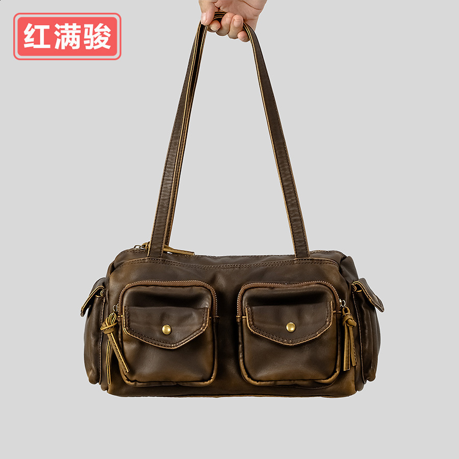 Americanstyle spicy girl multipocket underarm bag for women niche n singleshoulder biker soft leather handbag 240722