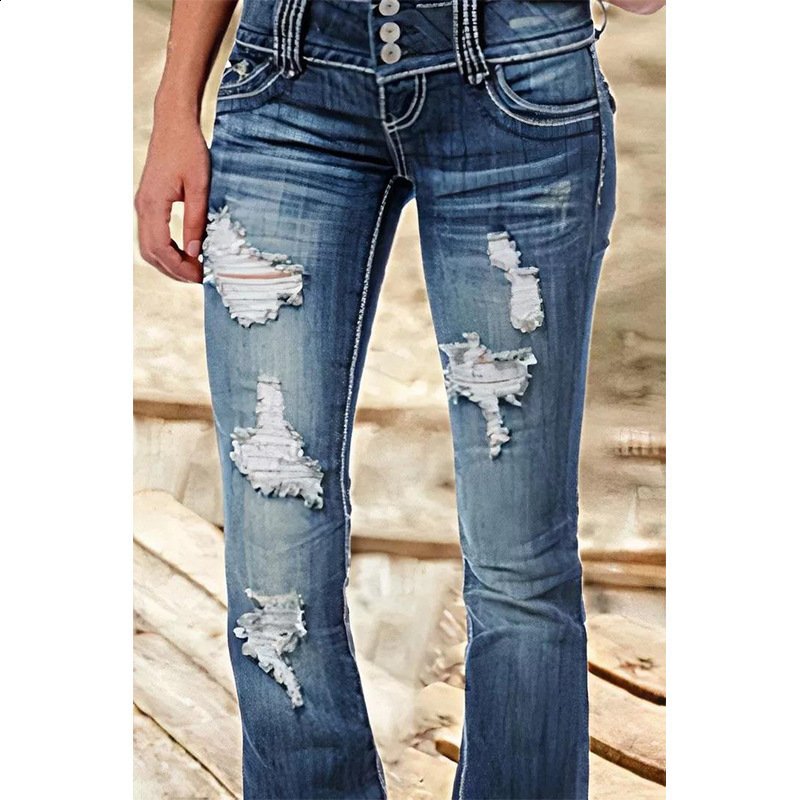 Women Vintage Washed Ripped Jeans Y2K American Retro Low Rise Slim Denim Pants Streetwear 2000s 90s Trousers Bell Bottom 251212