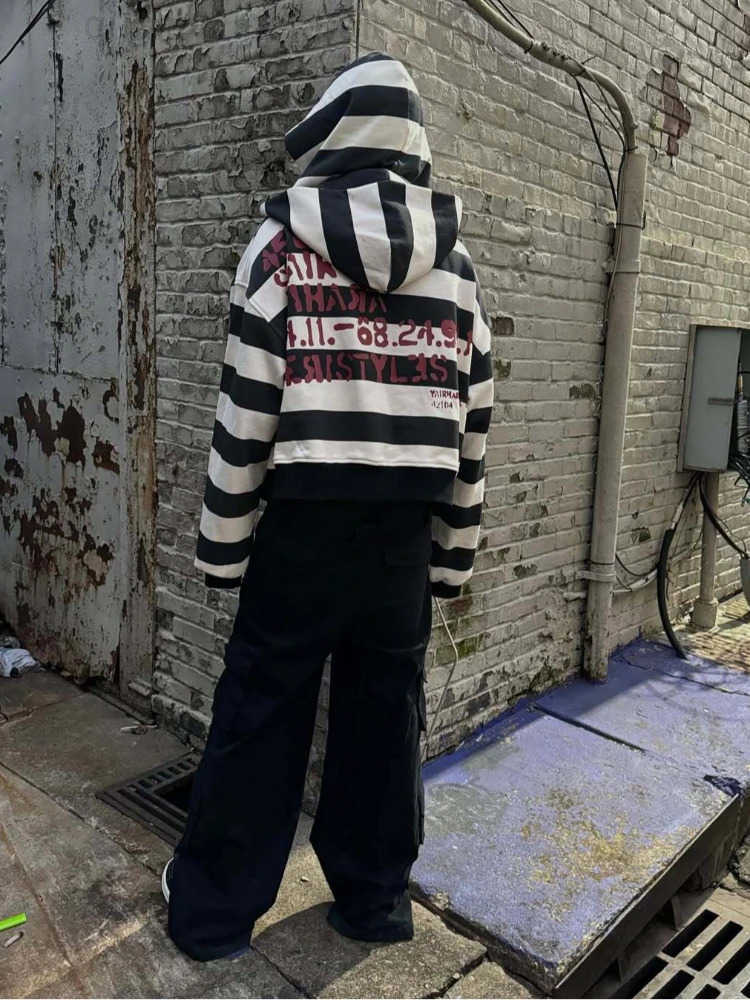 black striped patchwork white and Harajuku embroidered hoodie street y2k high-end basic casual warm pullover sweatshirt with sca X260609