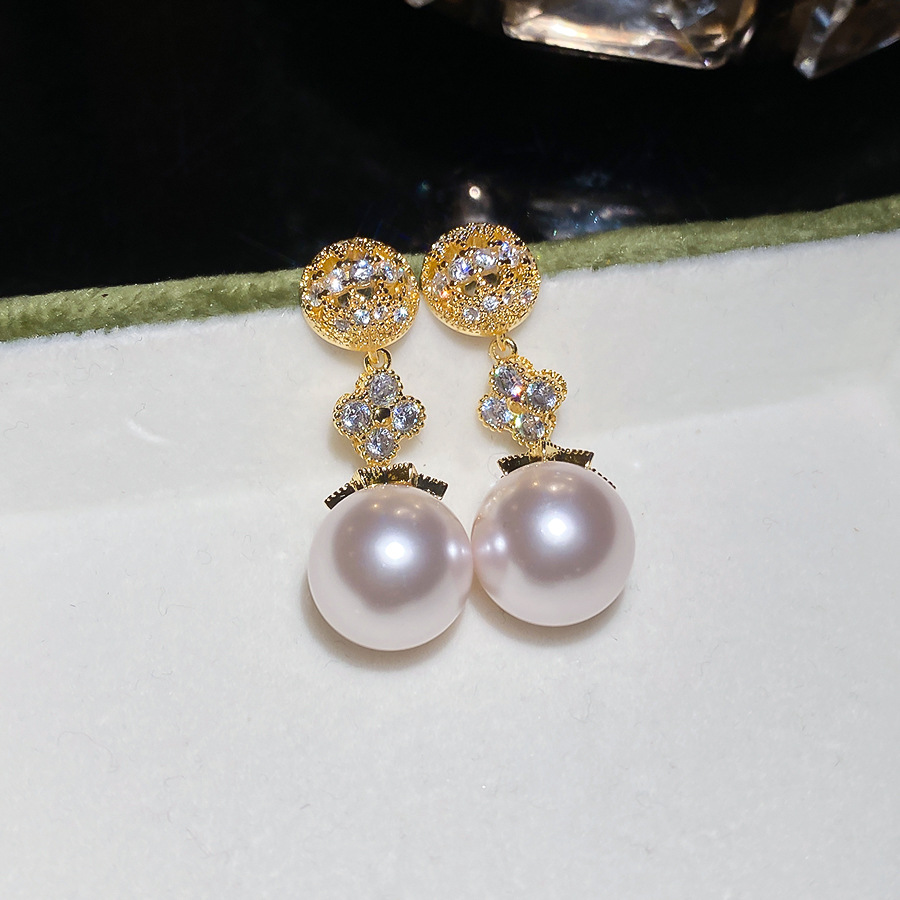 18k real gold plated silver needle lucky flower pearl pendant French vintage style earrings, simple and fashionable ear accessories - view 7