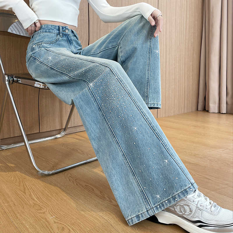 Waist High 2026 Wide New Leg Jeans For Women Vintage Wash Denim Pants with Rhinestone Side Straight Leg Baggy Trousers Casual M260609