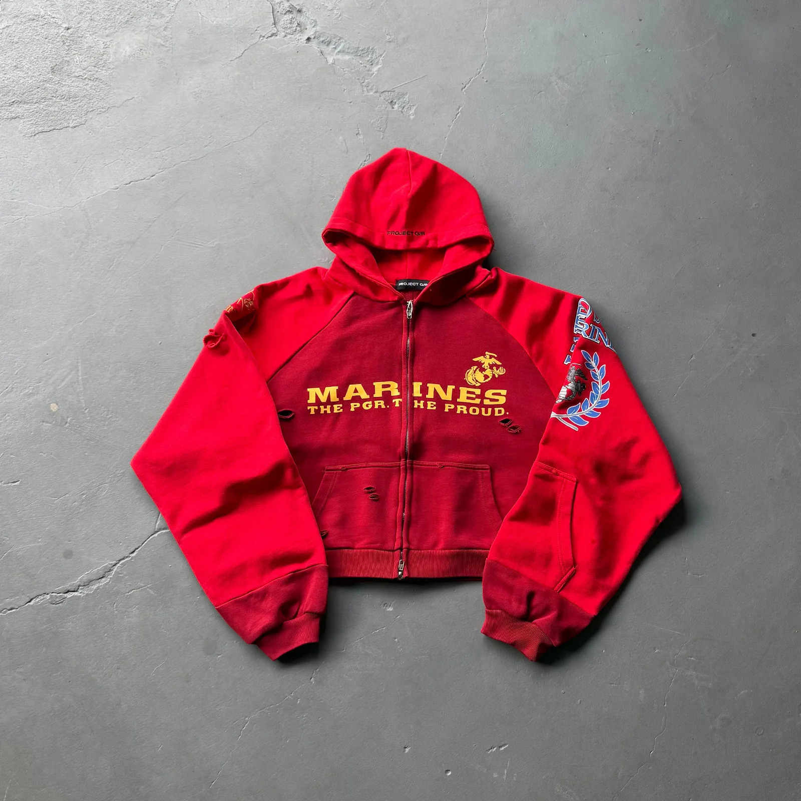 Grailz Project GR Premium Distressed Patchwork Zipper Hoodie Jacket with Embroidery 260608