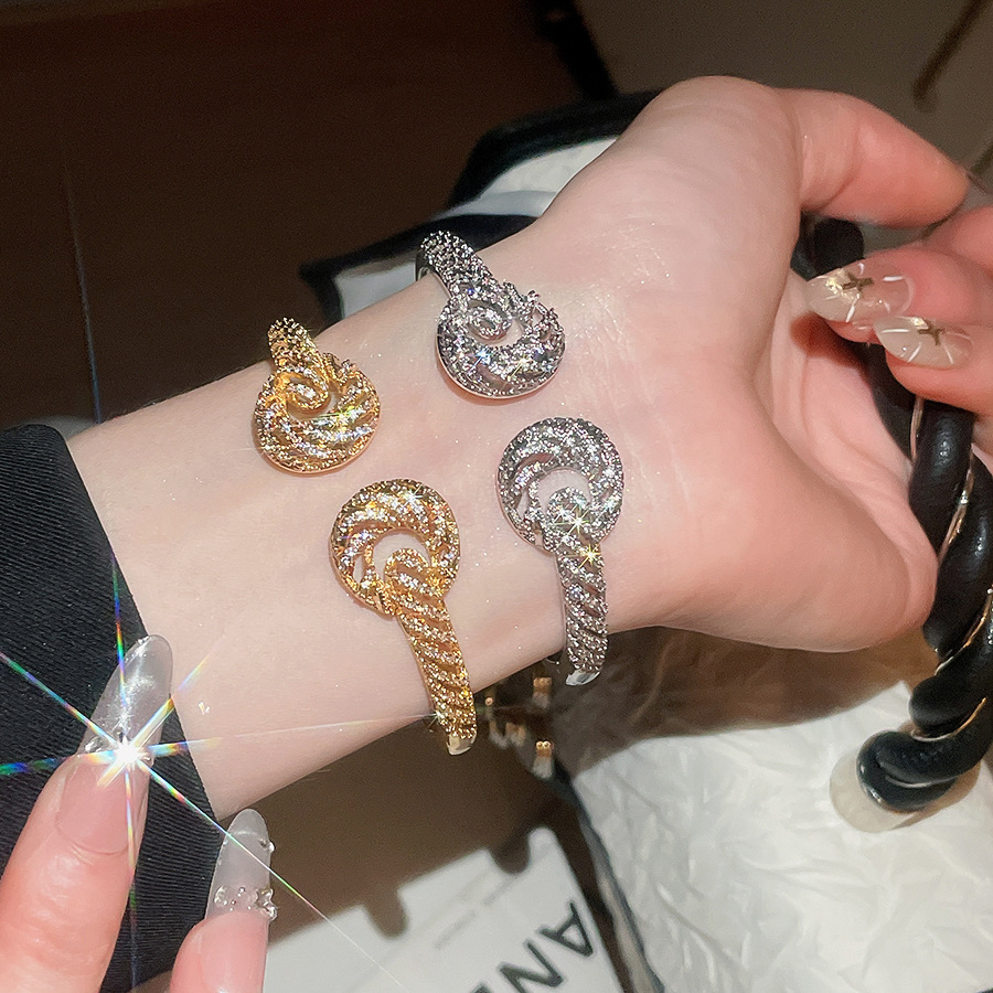 18K real gold plated zircon twisted texture open bracelet and ring set, elegant palace-style exquisite jewelry for women - view 9