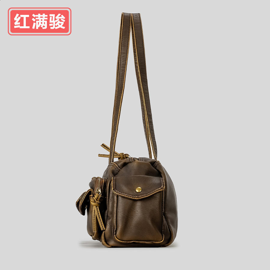 Americanstyle spicy girl multipocket underarm bag for women niche n singleshoulder biker soft leather handbag 240722