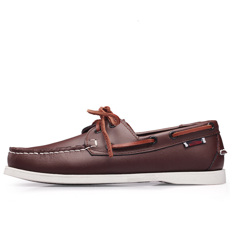 Men's Brown Leather Boat Shoes Lace-up Casual Loafers With White Rubber Sole For Nautical Style - view 6