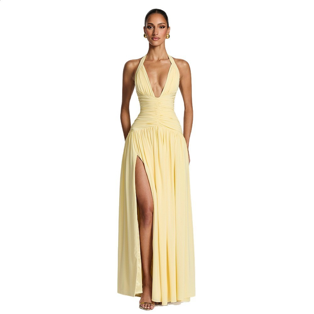 2026 Style Elegant Slit Gown Dress Elegant Halter Neck Slim Fit Sexy Backless Dress 250821