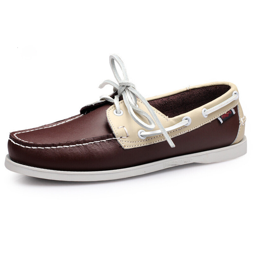 Men's Brown Leather Boat Shoes Lace-up Casual Loafers With White Rubber Sole For Nautical Style - view 5