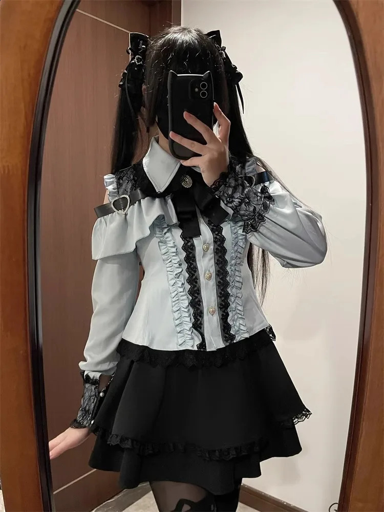 Dark Sweet Heart Ground Type Lolita Set Ruffle Sleeve Top Aline Skirt Cute Kawaii Japanese Style Gothic Coord Outfit SXL 260625 - view 4