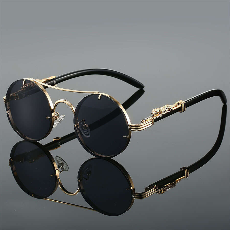 Fashion High-Grade Designer Sunglasses New style retro double-barrel metal round leopard-head decorated sunglasses for men - driving sun protection