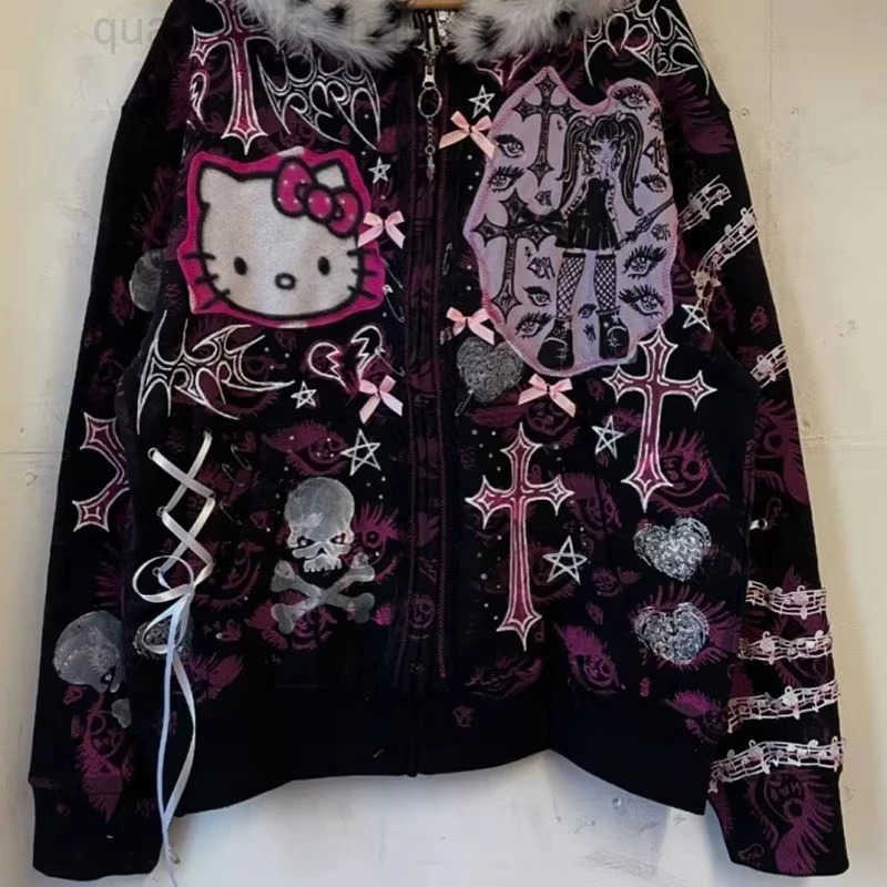 Hooded Hello Kittys Zipper Jacket American Y2K Women Graphic Hoodies with Fur Collar Fashion Girls High Street Tops Streetwear X260609 - view 7