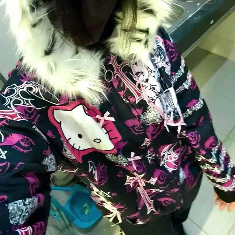Hooded Hello Kittys Zipper Jacket American Y2K Women Graphic Hoodies with Fur Collar Fashion Girls High Street Tops Streetwear X260609 - view 3