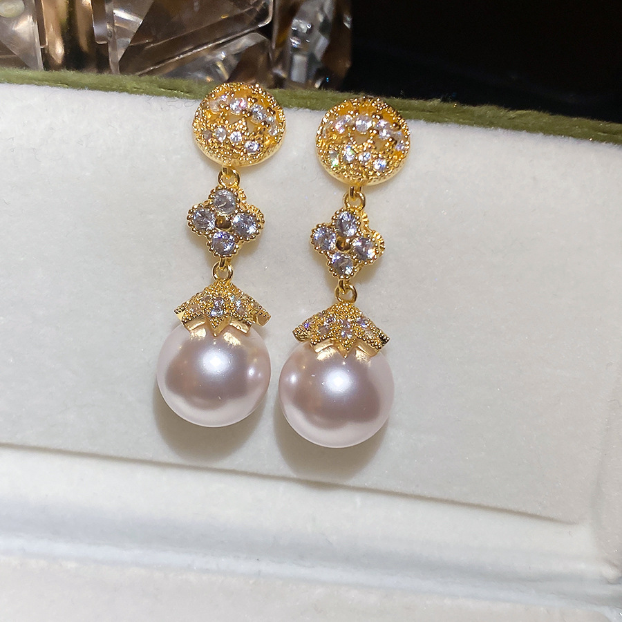 18k real gold plated silver needle lucky flower pearl pendant French vintage style earrings, simple and fashionable ear accessories - view 8