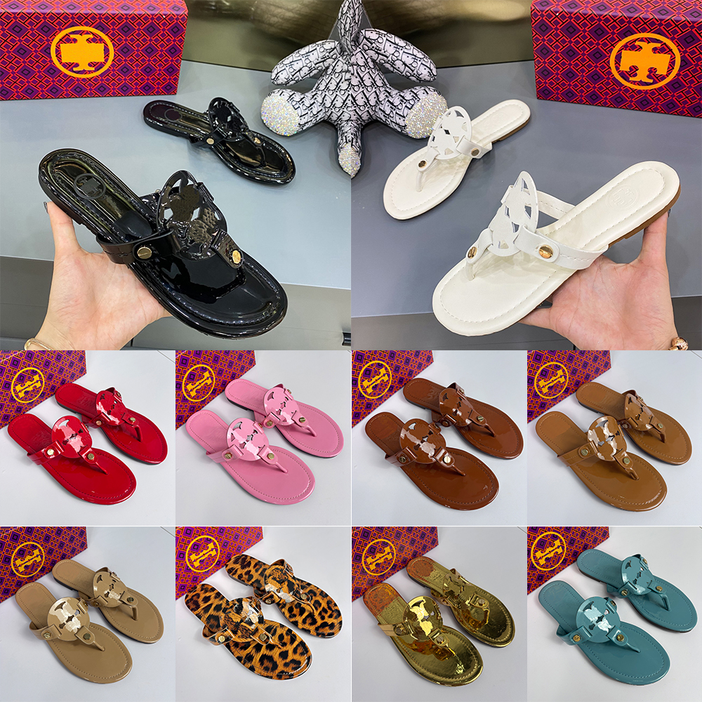 2026 New Toryer Burchyer Slippers Luxury Hollow Metal Buckle Decor Thong Sandals Women Glossy Patent Leather Flat Slide Slippers Daily Wear size 35-42