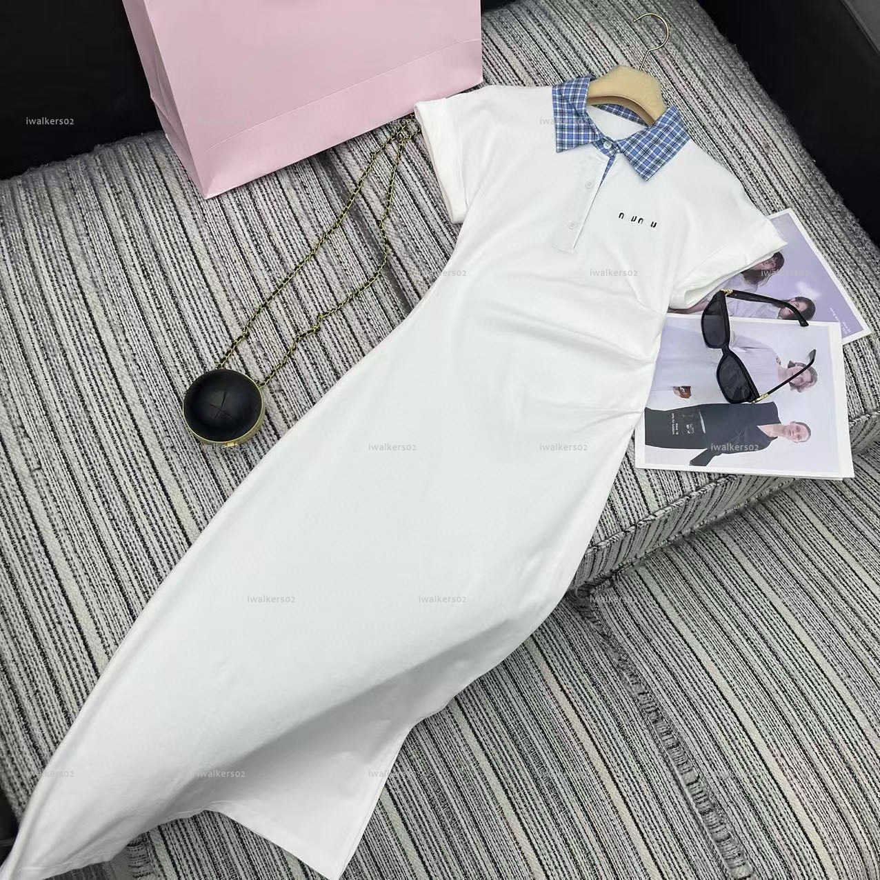 Classics lapel neck women dress Summer lady dresses women designer clothes polo collar pleated waist cinched irregular slit skirt A025X01N036