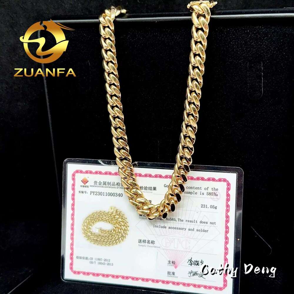 Luxury 14k Solid 12mm AU585 Gold Hip Hop Jewelry Rapper Miami Cuban Link Chain Necklace for Men - view 5