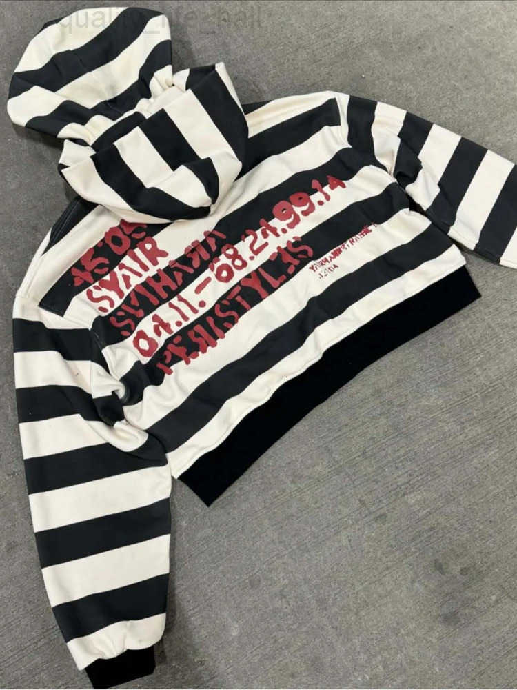 black striped patchwork white and Harajuku embroidered hoodie street y2k high-end basic casual warm pullover sweatshirt with sca X260609 - view 4