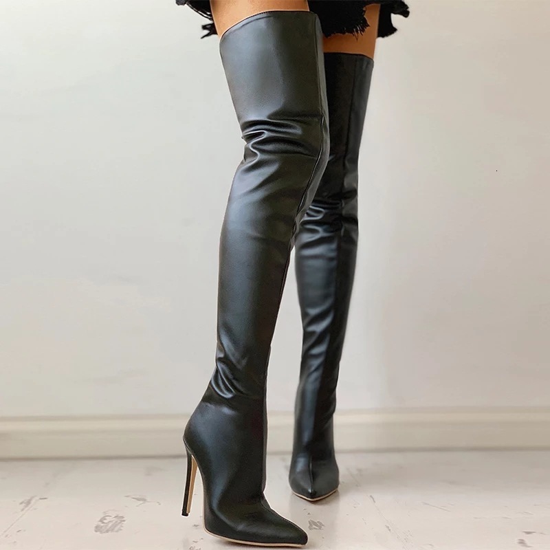 Black Faux Leather Thigh High Boots Pointed Toe Stiletto Heel Slim Fit Over The Knee Boots Nightclub Party Women Footwear