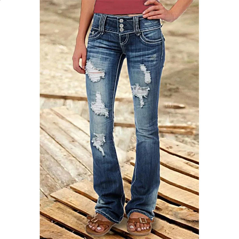 Women Vintage Washed Ripped Jeans Y2K American Retro Low Rise Slim Denim Pants Streetwear 2000s 90s Trousers Bell Bottom 251212