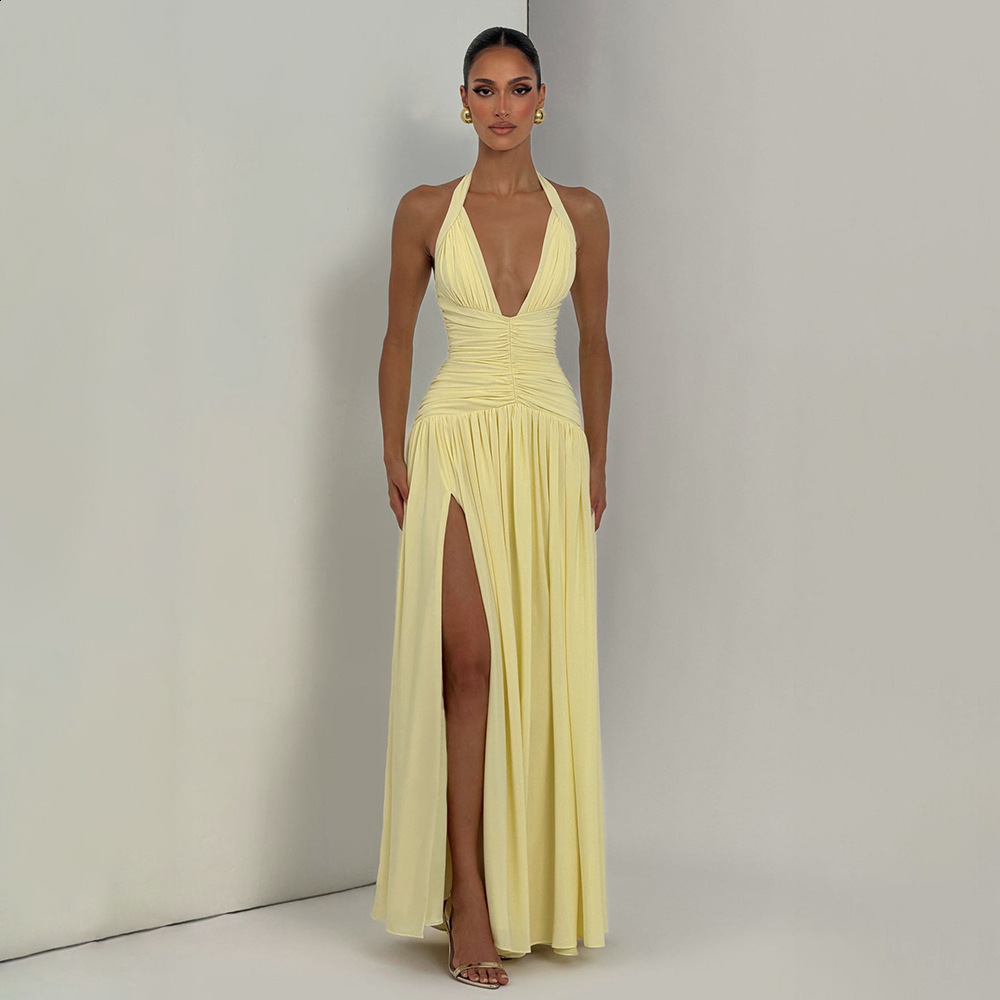2026 Style Elegant Slit Gown Dress Elegant Halter Neck Slim Fit Sexy Backless Dress 250821