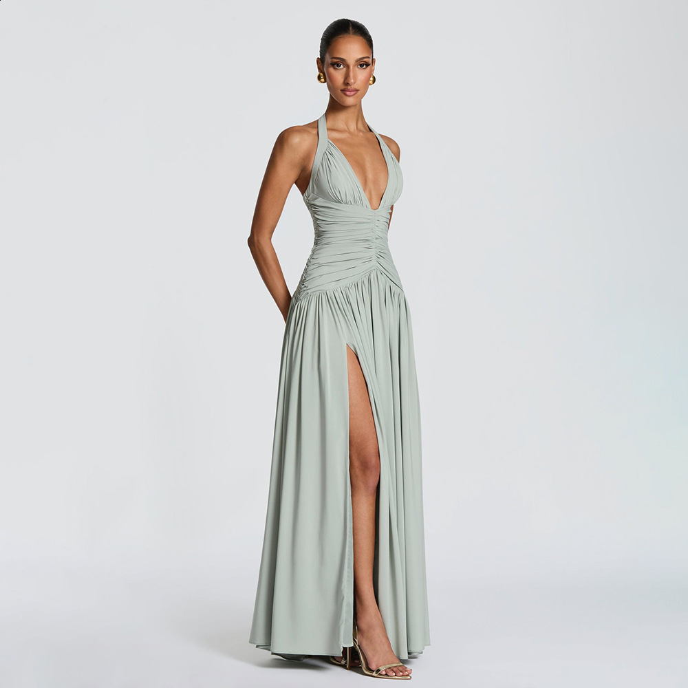 2026 Style Elegant Slit Gown Dress Elegant Halter Neck Slim Fit Sexy Backless Dress 250821
