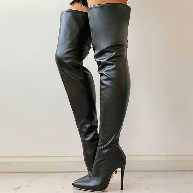 Black Faux Leather Thigh High Boots Pointed Toe Stiletto Heel Slim Fit Over The Knee Boots Nightclub Party Women Footwear - view 5