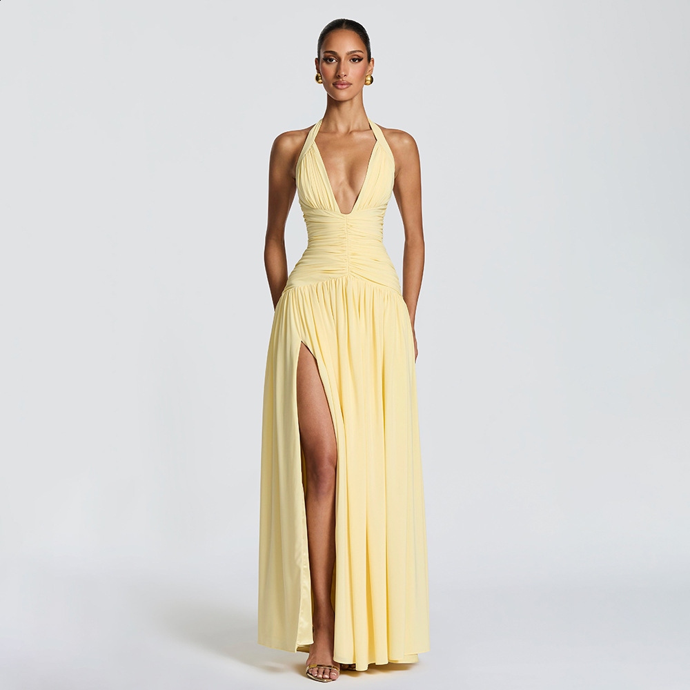 2026 Style Elegant Slit Gown Dress Elegant Halter Neck Slim Fit Sexy Backless Dress 250821