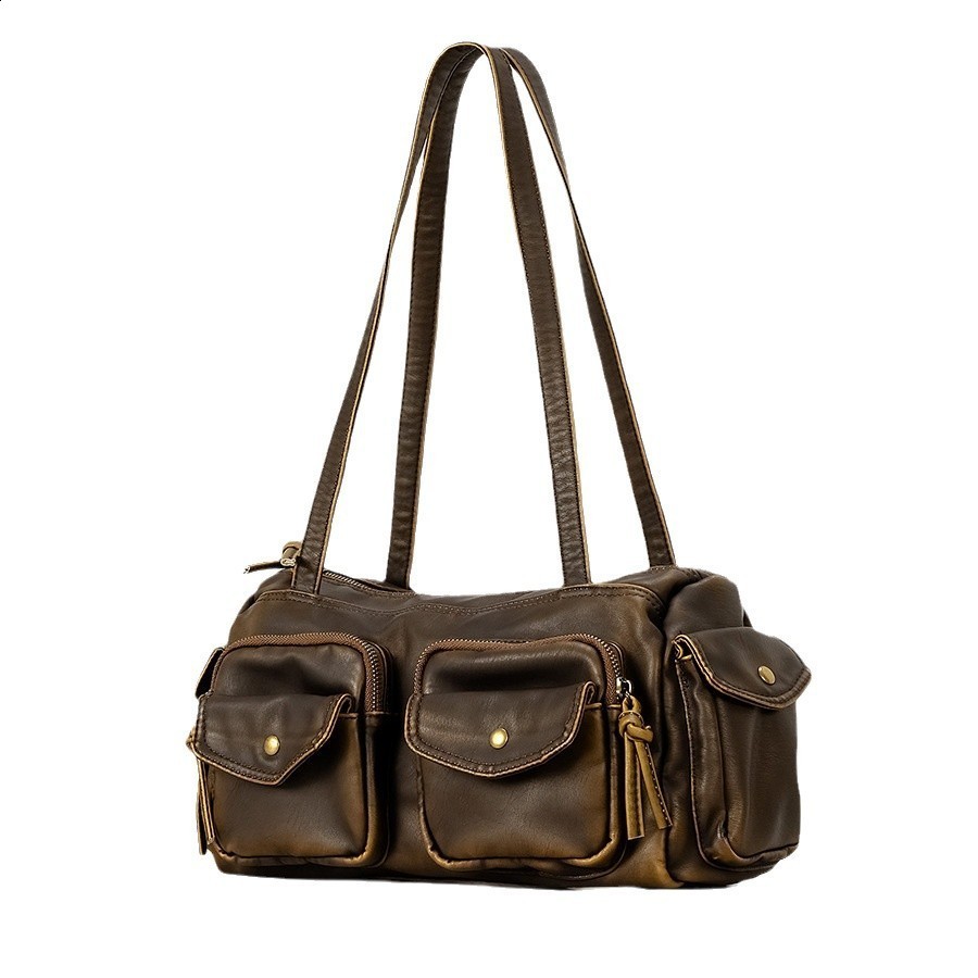 Americanstyle spicy girl multipocket underarm bag for women niche n singleshoulder biker soft leather handbag 240722