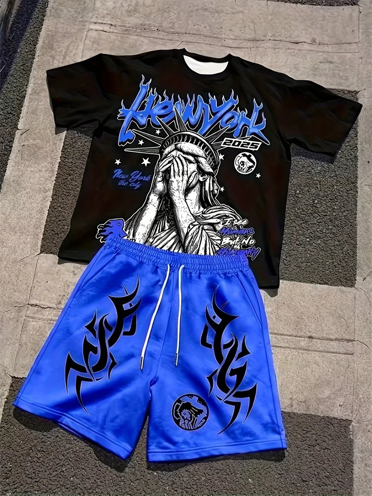 2026 Spring American Hiphop Style Mens Roundneck Top And Casual Shorts Street Fashion Trend Shortsleeved 2pcs Set 260625 - view 5