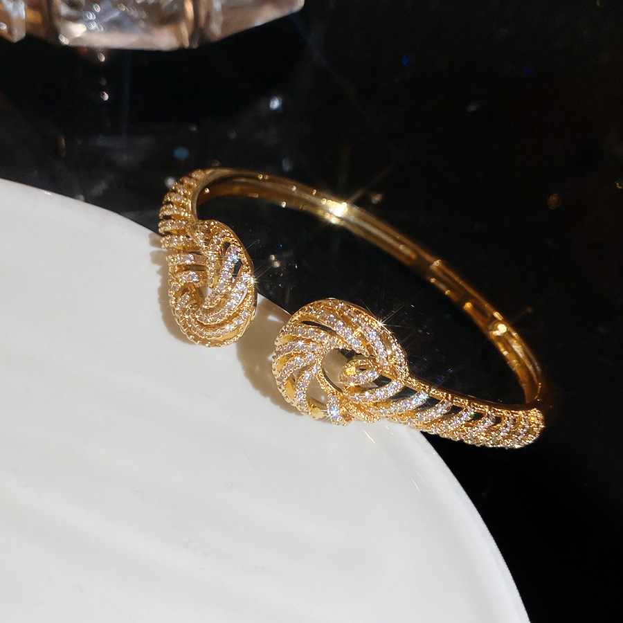 18K real gold plated zircon twisted texture open bracelet and ring set, elegant palace-style exquisite jewelry for women - view 4